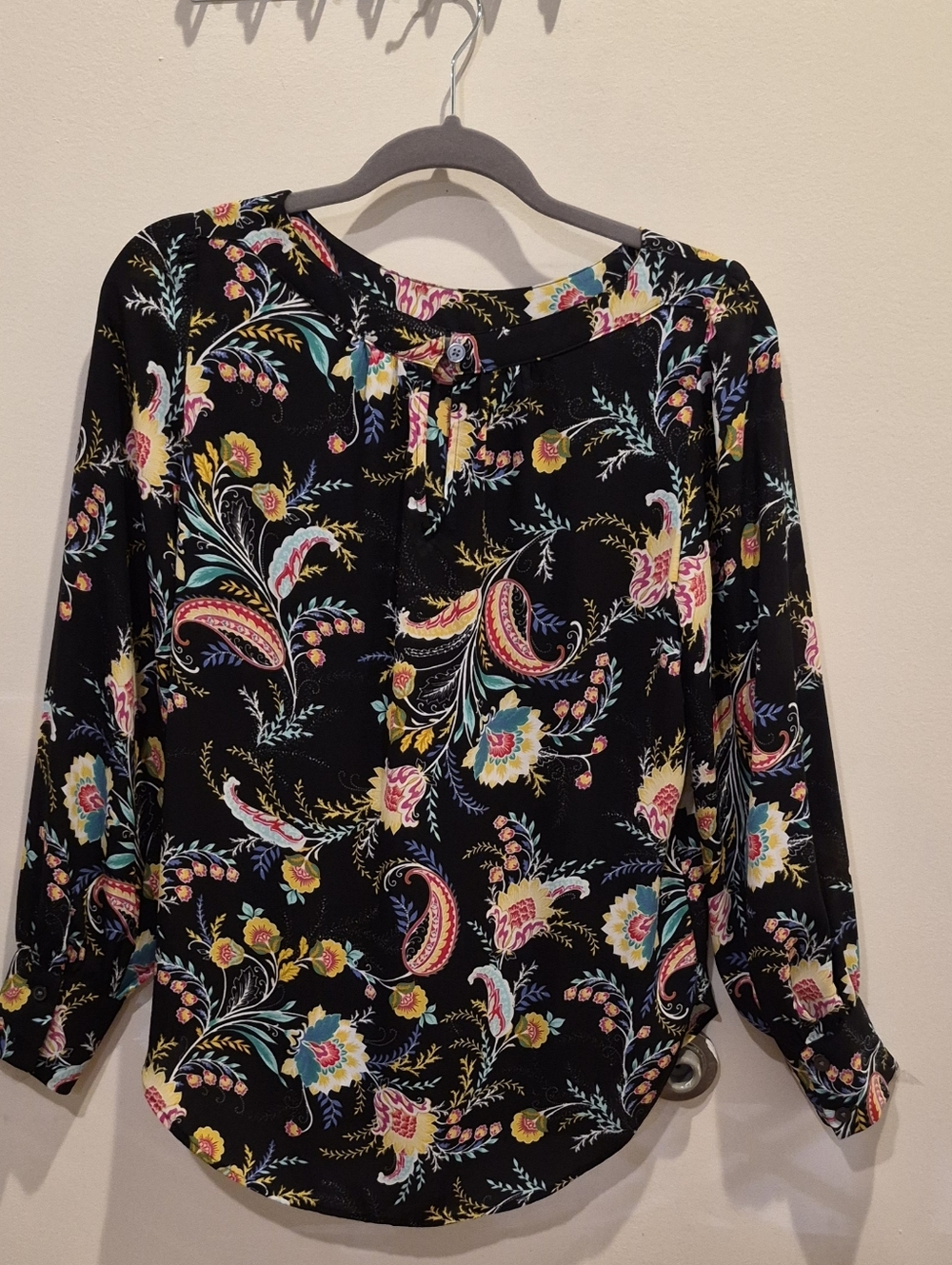 LOFT Black Floral Paisley Blouse with Multicolor Print